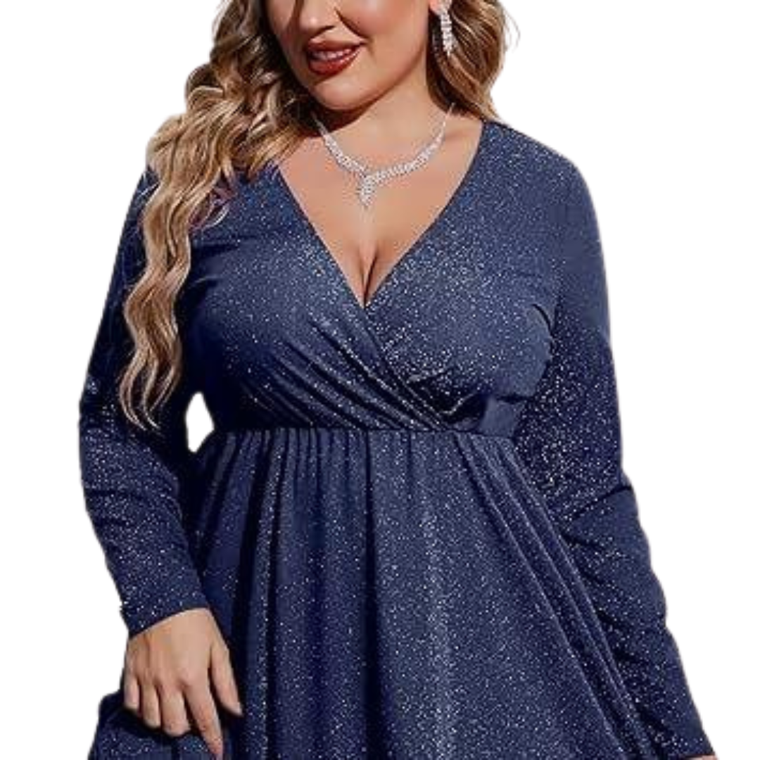 MATHILDE™ - Plus Size Glitter V-Neck Ruffle Hem Swing Cocktail Dress